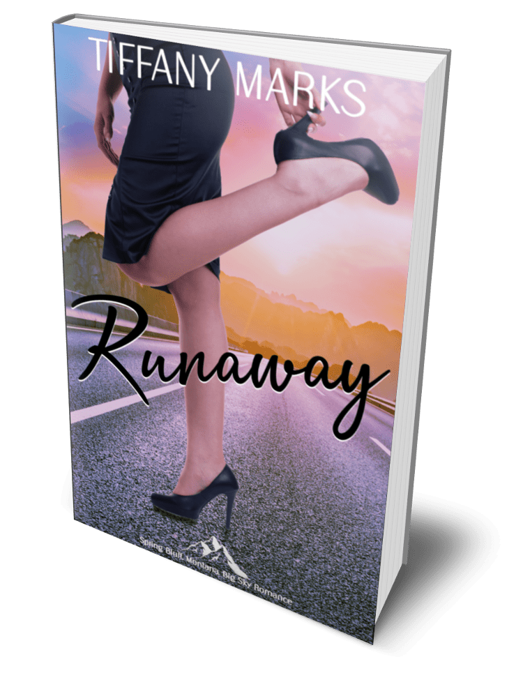Runaway by Tiffany Marks. A woman in a fitted black dress runs down an empty highway at sunrise, one high heel slipping off. The scene glows with pink and orange light against distant mountains — symbolizing escape and rebirth in this romantic suspense.