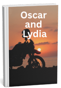 Romantic suspense book cover showing a motorcycle silhouetted against a warm sunset, with the title “Oscar and Lydia” in bold white letters.