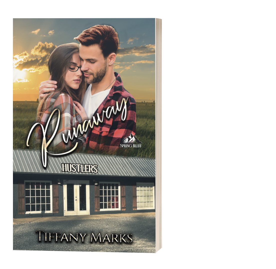 Book titled Runaway by Tiffany Marks. The cover has a sunset background with a couple at the top. A building named hustlers in on the bottom.